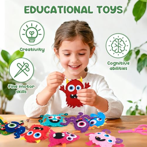 12 Pieces Sewing Kit Children Felt Craft Kit for Beginners, Complete Set of Sewing Monster Felt, DIY Sewing Gift Girls 6 7 8 9 10 Years