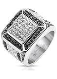 Stainless Steel Square Wide Cast Ring with Center Clear Simulated Gems and Paved Black Borders with Micro Paved Black & Clear Side View Designs, Width 18 MM - Crazy2Shop