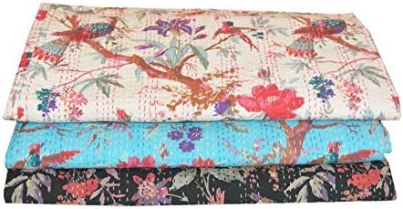 Set of 3 Bird Print Queen Size Kantha Quilt, Kantha Blanket, Bed Cover, Kantha bedspread, Bohemian Bedding Kantha Size 90 Inch x 108 Inch