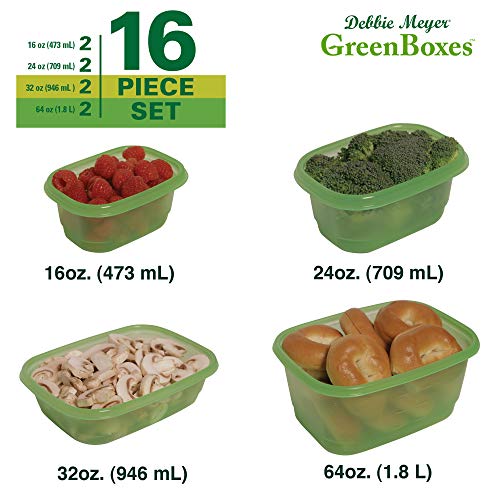 Debbie Meyer GreenBoxes, Food Storage Containers with Lids, Keep Fruits, Vegetables, Baked Goods & Snacks Fresher Longer! BPA Free, Microwave & Dishwasher Safe- 16 Piece Set