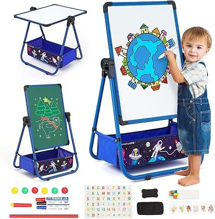 Nukdey Kids Art Easel Double-Sided Foldable Drawing Board 29.5-44in(75-111cm) Height Adjustable Standing Easel 360° Rotatable Whiteboard Chalkboard with Various Accessories for Children Boys Girls