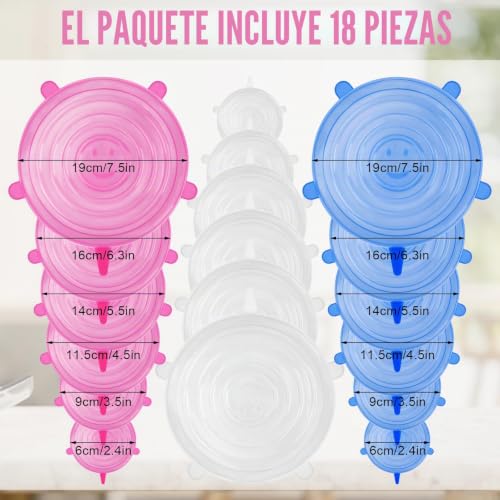 Reusable Silicone Lid 18 Pack - Extendable 6 Different Sizes for Jars, Bowls, Bottles - Food Permanence