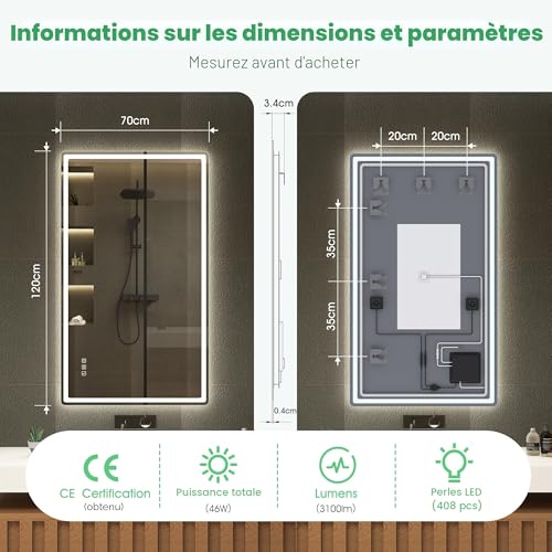 S'bagno Bluetooth-Mirror-Bathroom-with-Lighting-120x70cm, LED-Mirror-Anti-fog, 3000K-6500K, Dimmable, Memory, HD Tempered Glass, IP44-Mirror-Bathroom-Led, Horizontal/Vertical