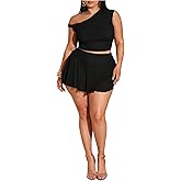 SweatyRocks Women's Plus Size 2 Piece Outfits Off The Shoulder Crop Mesh Top and Ruffle Skirt Sets