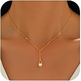 FUNYCHEN 925 Sterling Silver Y Teardrop Pearl Pendant Necklaces for Women 14K Gold Plated Dainty Single Pearl Pendant Necklace to Daughter Mom Teardrop Long Charm Chain Valentine Wedding Jewelry Gifts