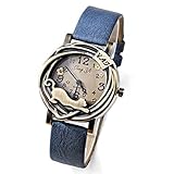Sanwood Women's Fashion Vintage Bronze Case Cat & Flower Quartz Analog Wrist Watch (Blue)