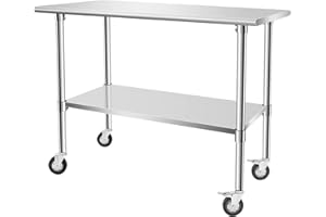 Hasopy Stainless Steel Table, 48" X 24" Work Table with Wheels， 2 Shelves Metal Prep Table for Commercial Kitchen Restaurant Garage