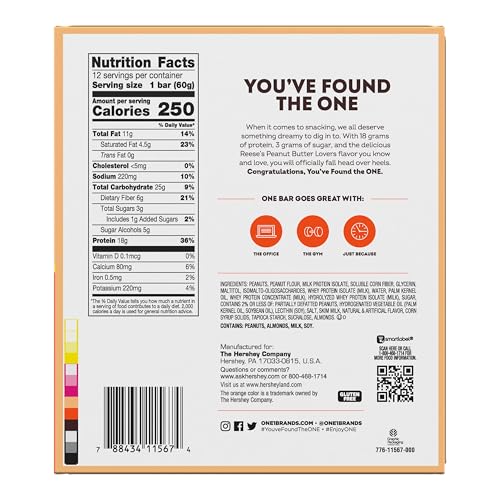 ONE PROTEIN BARS, REESE’S PEANUT BUTTER LOVERS, GLUTEN FREE WITH 18G PROTEIN AND 3G SUGAR, PANTRY STAPLES, 2.12 OZ (12 COUNT)
