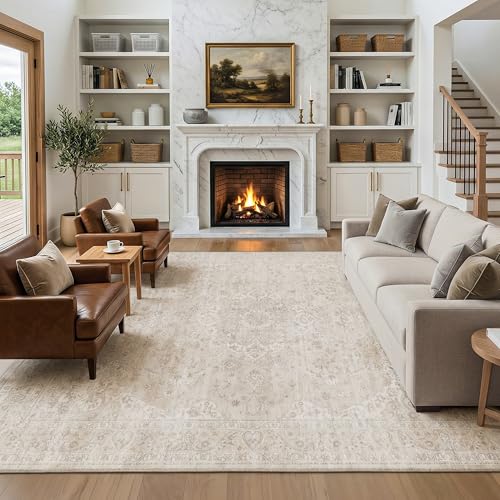 Fmfunctex 9x12 Washable Area Rug Neutral Beige Vintage Distressed Oriental Non Slip Low Pile Floral Rug Cream Traditional Soft Thin Retro Tapis Salon Indoor Carpet for Living Room Bedroom Dining Room