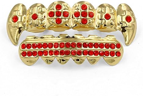 New Custom Fit 14k Gold Plated Hip Hop Bling Vampire Fangs Teeth Grillz Caps Top &amp; Bottom Grill Set (Red)