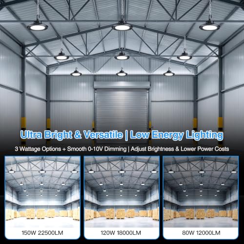 G GJIA 150W UFO High Bay LED Shop Lights, 22500-12000LM, 120-347V, 4Pack-UL | Adjustable 150W/120W/80W UFO LED Shop Light, 150LM/W, 0-10V Dim, 5000K Daylight Waterproof for Warehouse Workshops