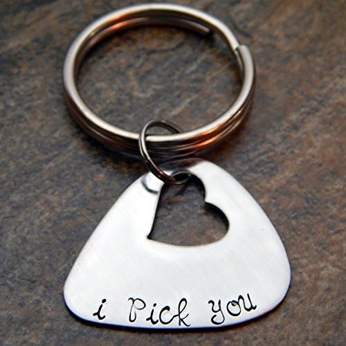 Personalized Guitar Pick Hand Stamped I pick you with Heart Cutout Keychain or Necklace