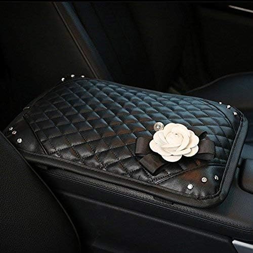 Follicomfy Car Armrest Center Console Cover Cushion Pad with Crystal Pearl Flower Fashion Car Interior Accessories,White Flower
