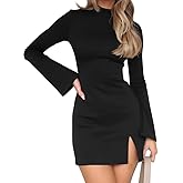 BEAGIMEG Women's Bodycon Elegant Mock Neck Flar Long Sleeves Side Slit Basic Party Club Mini Dress