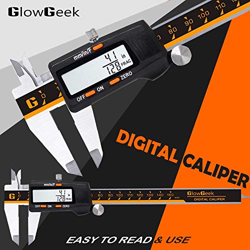 GlowGeek CD-6-150 Quality Electronic Digital Vernier Caliper Inch/Metric/Fractions Conversion 0-6Inch/150mm Stainless Steel Body Orange/Black Extra Large LCD Screen Auto Off Featured Measuring Tool