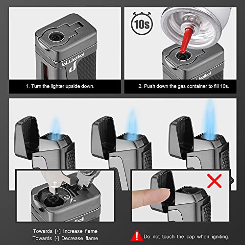 PIPITA Torch Lighter Windproof Triple Jet Flame Butane Cigar Lighter with Punch Cutter Adjustable Refillable Zinc Alloy Lighter (Butane Not Included) (Blue)