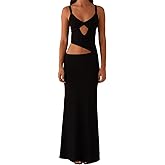 SOLILOQUY Women Spaghetti Strap Cut Out Maxi Dress Sleeveless V-Neck Backless Bodycon Dress Summer Long Dress Cocktail Party