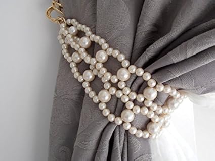 Rasmy Candles Acrylic Beaded Decorative Curtain Holder Tie Back with White Pearls (22 cm x 15 cm x 10 cm, Set of 2)