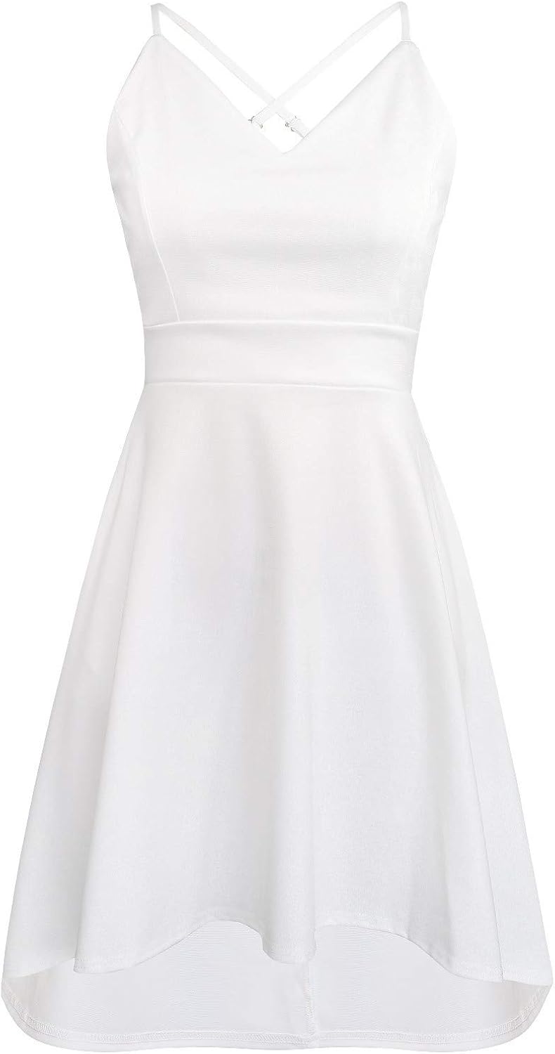 FANCYINN Women High-Low Hem Dress Spaghetti Straps Deep V Neck Floral Backless A Line Skater Cocktail Dresses with Pockets: Clothing