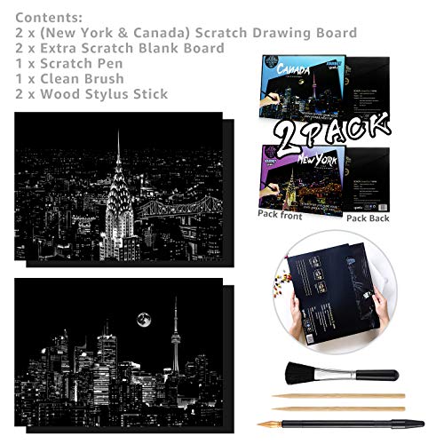 Scratch Paper Rainbow Painting Sketch Pads DIY Art Craft Night View Scratchboard for Adults and Kids - Scratch Painting Creative Gift - 2 Packs & Pen, Clean Brush, 16" x 11.2" (New York / Canada)