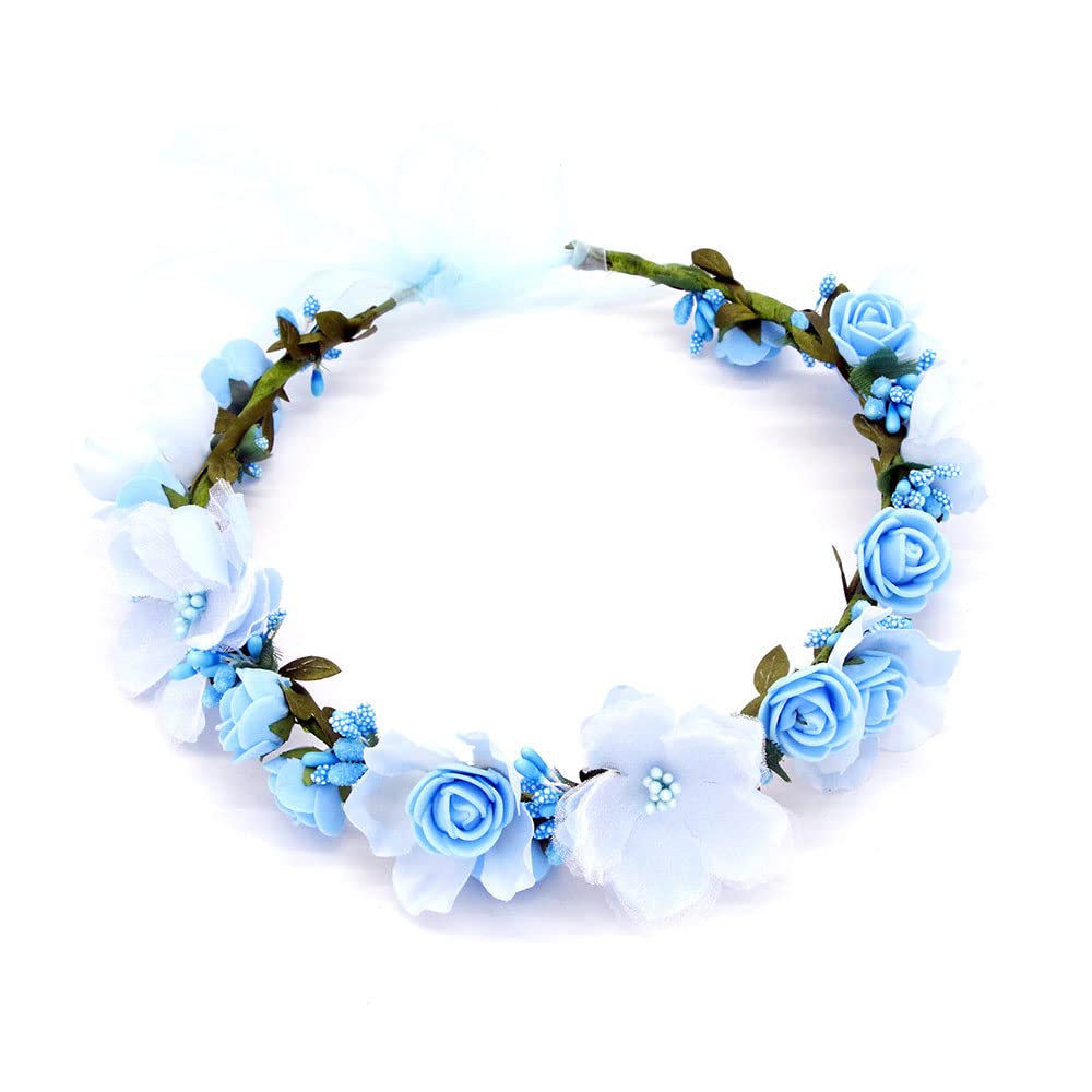 Flower Wreath, Garland Headpiece, Simulation Flower Crown Headband, Girls Headband for Hat Decoration Party Festival Beach Travle Wedding Accessories (Blue)
