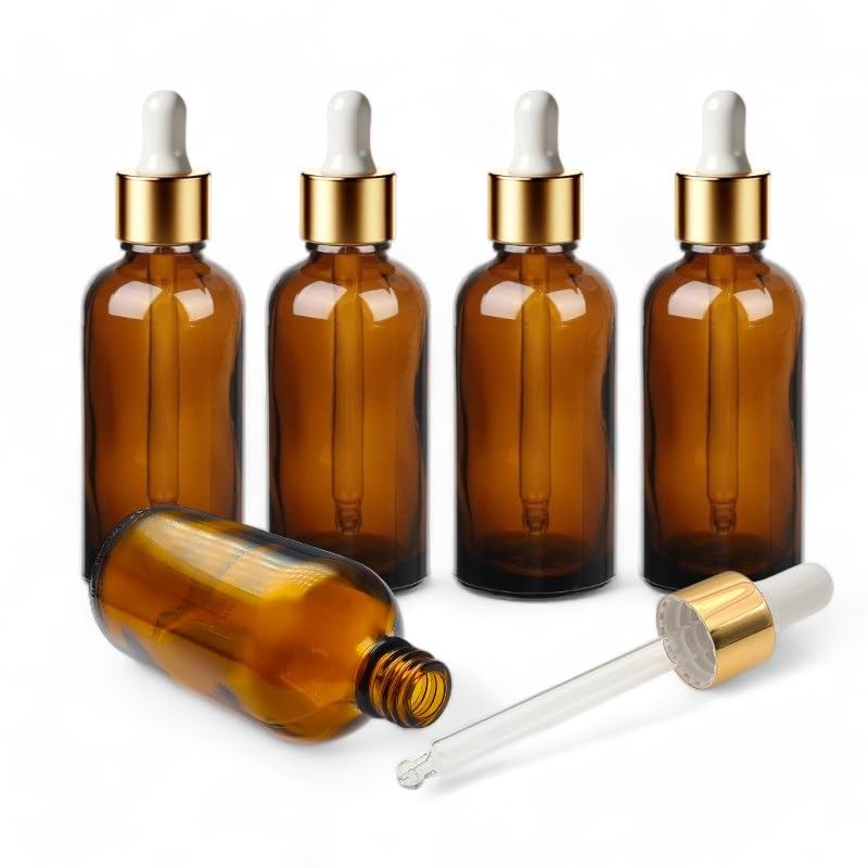 AVALON Amber 100ml Dropper Bottles with Gold & White Pipette - Pack of 5 - Ideal for Essential Oils, Serums & Aromatherapy