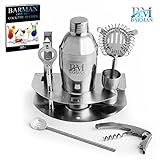 Barman Premium Bar Set BM-01: 8 Piece Stainless Steel Professional Martini Cocktail Shaker, Jigger, Strainer, Tongs, Openers, Holder Stirring Spoon and Bonus 100+ Cocktail Recipes (ebook)