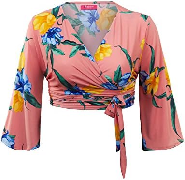 MK WT1284 Womens Printed 3/4 Sleeve Wrap Crop Top 16 CORAL_BLUE