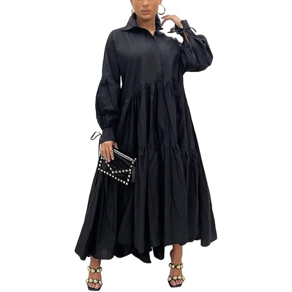 Womens Casual Shirt Dress Puff Sleeve Vintage Peasant Linen Dress Crew Neck  Tiered Baggy Loose Lounge Maxi Dresses Black at Amazon Women's Clothing  store