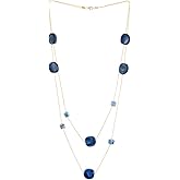 COOLSTEELANDBEYOND 18K Gold-Plated Statement Necklace Two-Strand Long Chain with Cube Crystal Beads Circle Charms