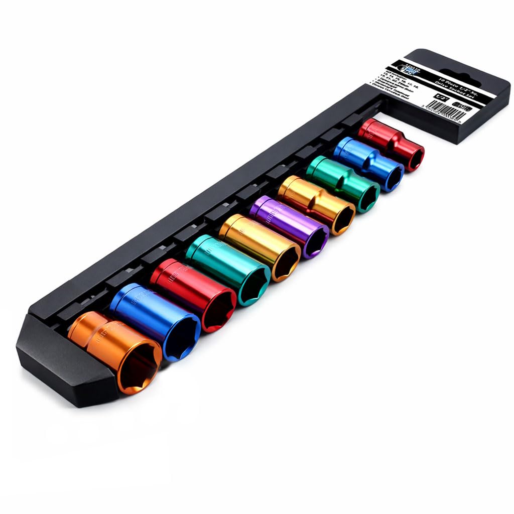 Autojack 10 Piece Socket Set Multi Coloured, 1/2" Square Drive Metric Standard Sockets, Corrosion Resistance