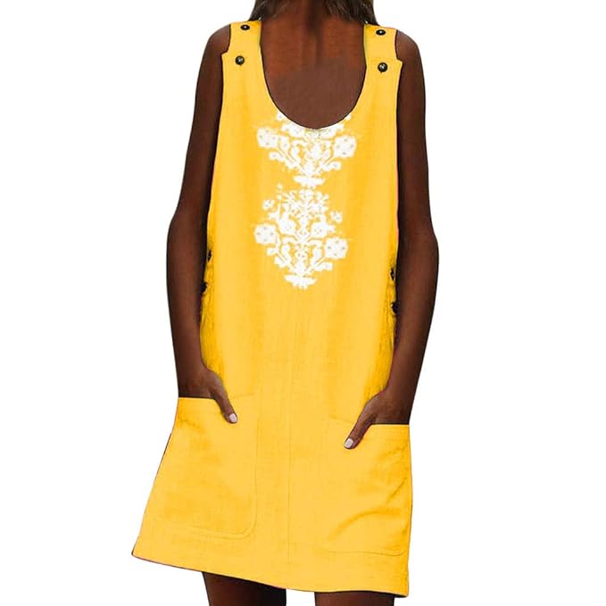 IZZB Mode Damen Sommer Partykleid Ärmellose Knöpfe mit O-Ausschnitt Taschen Leinenmuster Lässig Mini Freizeitkleid Abendkleid