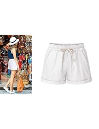 Pantalones cortos de verano para dama, casuales, con cordón, de lino