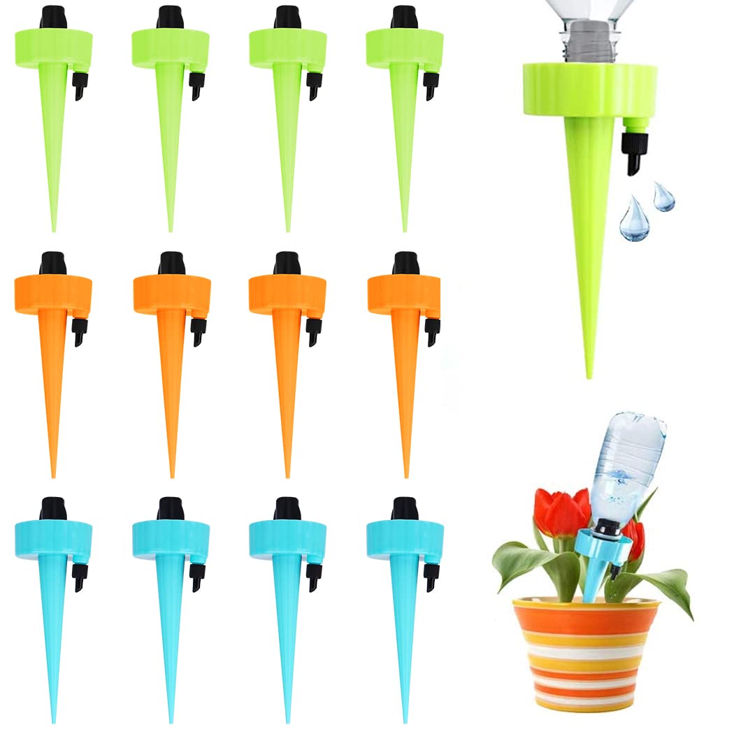 12 Pcs Self Watering Plant Spikes, Plant Watering Devices, Adjustable Vacation Self Watering Devices with Slow Release Control Valve Switch Bottle Drip Irrigation System, for Garden Indoor Plants