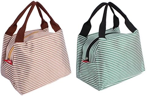 Striped Lunch Bag,Goodidus 2PCS Oxford Cloth Lovely Lunch Bag Bento Lunch Box Package(Green&amp;Brown)