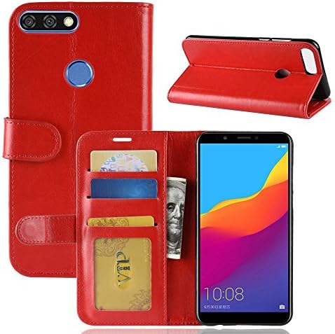 DISLAND Huawei Y7 Prime 2018 Case [Slim][Smooth] Leather Flip magnet Stand Cover Slot Wallet Pouch Case for Huawei Y7 Prime 2018,Red
