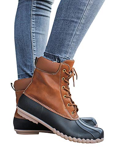 Liyuandian Womens Lace Up Duck Boots Waterproof Two Tone Combat Calf Rain Shoes