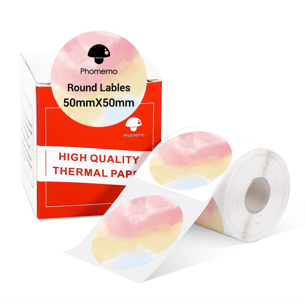 Phomemo M110 M108 M100 M120 M200 M220 M221 Round Circle Label - Thermal Printer Labels for Price, Name, Address, Logo, Barcode, 50mm*50mm, Multicolor Gradient (1 Roll)