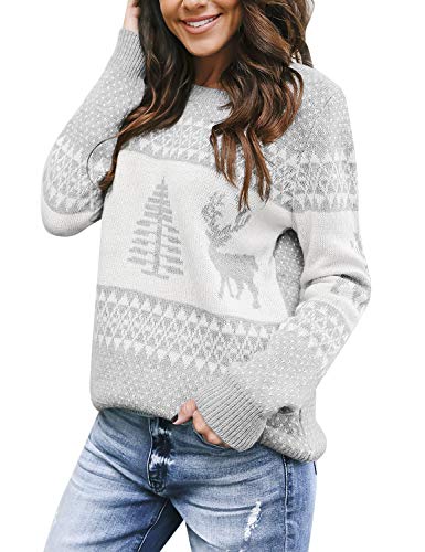 Lookbook Store Women's Grey Long Sleeves Ugly Christmas Tree Reindeer Winter Holiday Knit Sweater Pullover Size M 8 10