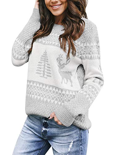 LookbookStore Women's Grey Long Sleeves Ugly Christmas Tree Reindeer Winter Holiday Knit Sweater Pullover Size M 8 10