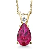 Gem Stone King 14K Yellow Gold Red Created Ruby and White Topaz Pendant Necklace for Women | 2.24 Cttw | Gemstone July Birthstone | Pear Shape 10X7MM | With 18 Inch Chain