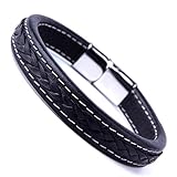Elegant Black Cuff Genuine Leather Bracelet for Men with Elegant 316L Stainless Steel Clasp