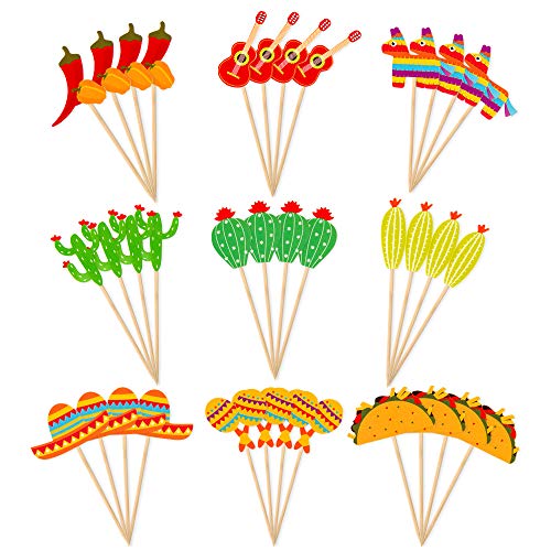 36 Pcs Fiesta Cupcake Topper Mexican Theme Cake Decoration for Mexican Themed Cactus Donkey Taco Pepper Sombrero Mustache Party Decorations