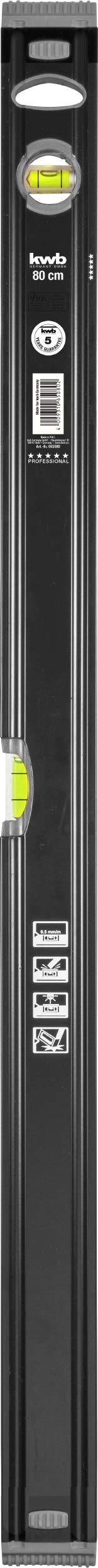 kwb 80cm Aluminum Spirit Level with Shockproof Vials, 0.5mm/m Accuracy, VPA-Tested, Precision Ground, Horizontal and Vertical Vials