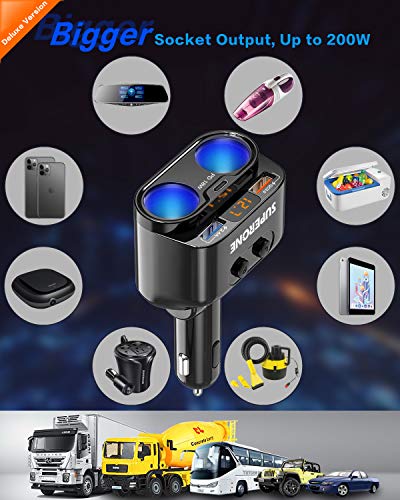 SUPERONE 200W 2-Socket Cigarette Lighter Splitter Power Adapter, USB C Car Charger with 18W Power Delivery 3.0 & Quick Charge 3.0 for iPhone 11/11 Pro/X/8, MacBook, Samsung, Google Pixel and More