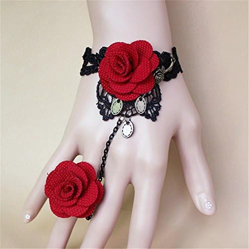 LEFINIS Handmade Gothic Lolita Retro Lace Slave Bracelet Ring Set Red Rose Flowers Wristband