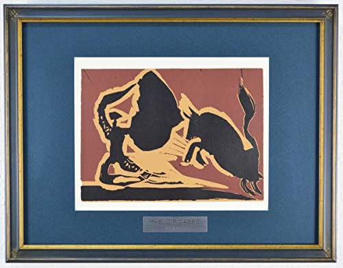海外 パブロ ピカソ マントに突進する闘牛 酒神の宴 女 雄牛と闘牛士より 絵画 壁面への取付け用フック付き 1962年制作 作家生前作品 版画 本 リノカット 新品の額付き