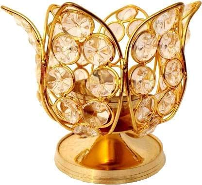 Designer Decorative Brass Metal Crystal Lotus Kamal Decorative Diya Oil Lamp Stand for Puja and Home Décor (Small)