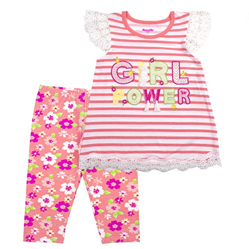 Nanette Girls 2PC Leggings and Shirt Set with Wide Variety of Flowers, Butterfly, and Animals Coral