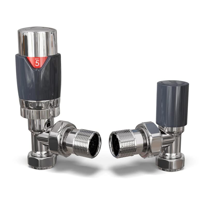 UK Radiators Anthracite Thermostatic Radiator Valve and Angled Lockshield - Gloss Anthracite Finish - Classy and Modern Design 1/2" x 15mm Angled Radiator TRV — image 1